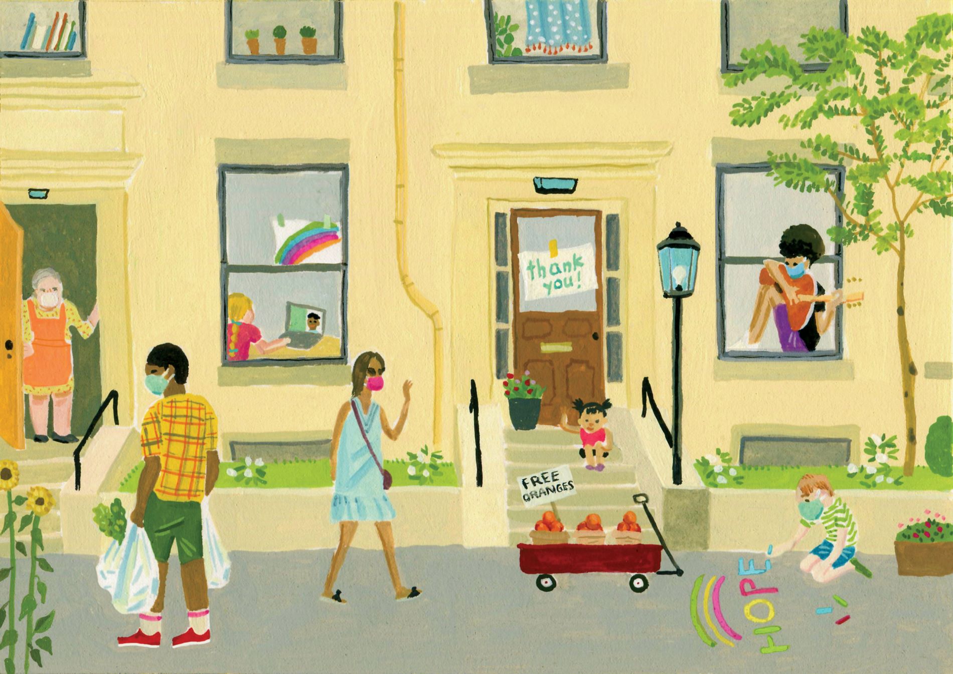 A drawing of a neighborhood with people walking, someone playing the guitar, someone walking with groceries, and a person waving hi